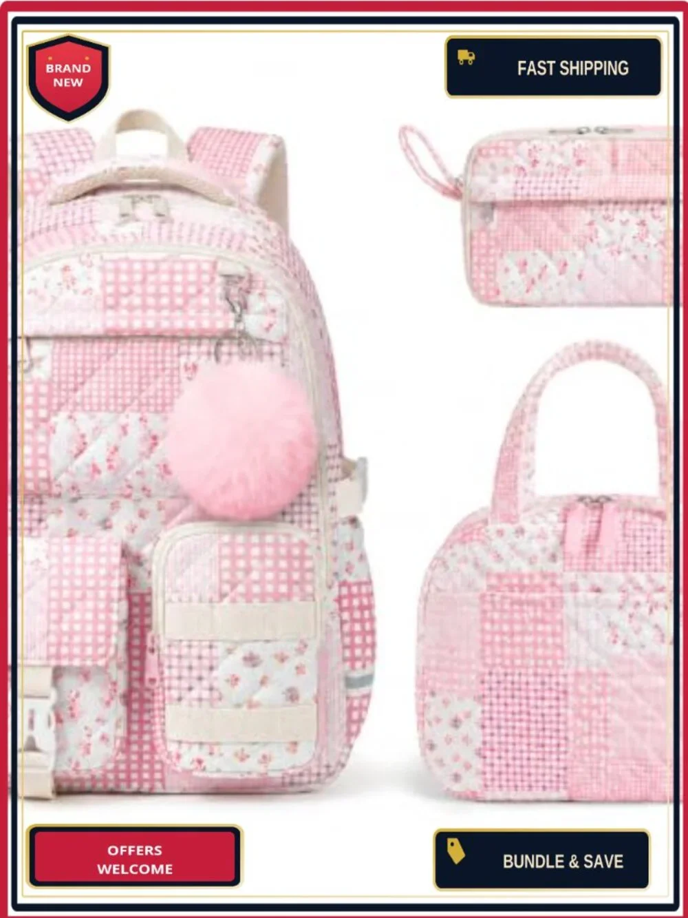 Quilted Floral Backpack Set with Insulated Lunch Bag & Pencil Case for School